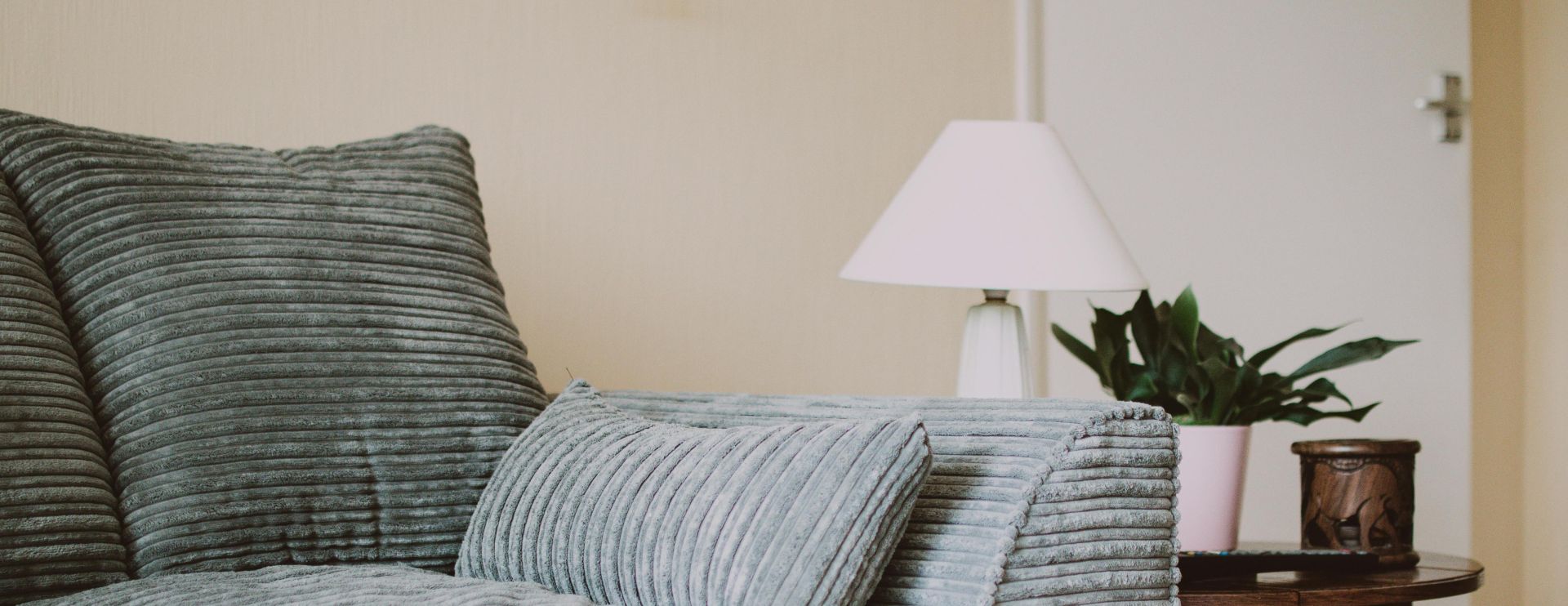 A chic living room featuring a plush blue sofa, indoor plant, and stylish decor elements.